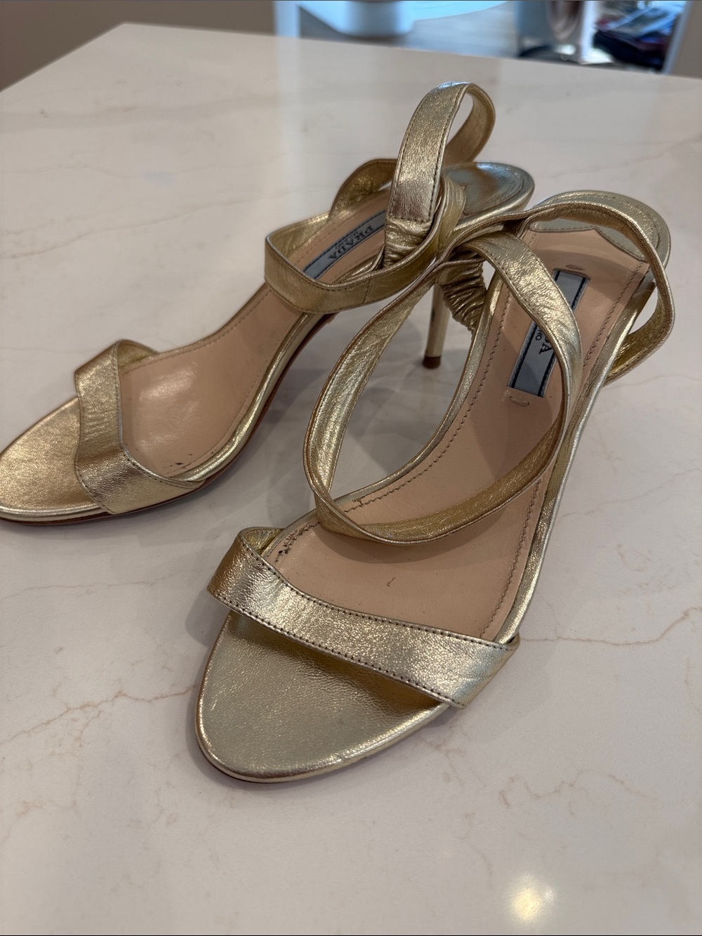 Prada Metallic Gold Strappy High Heel Sandals